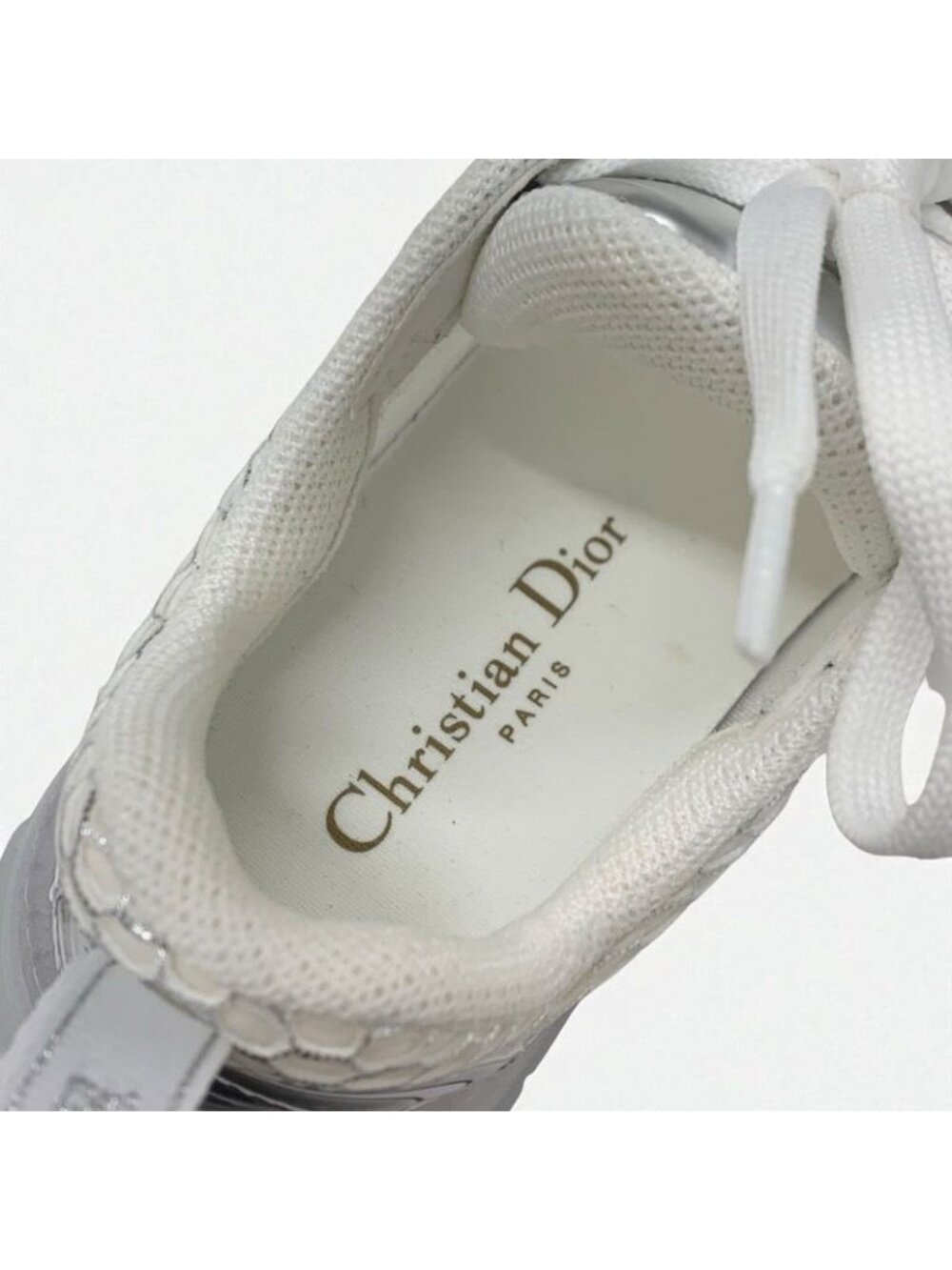 Christian Dior Sneakers Shoes Leather Rubber Silver White Logo Mesh - Picture 7 of 9